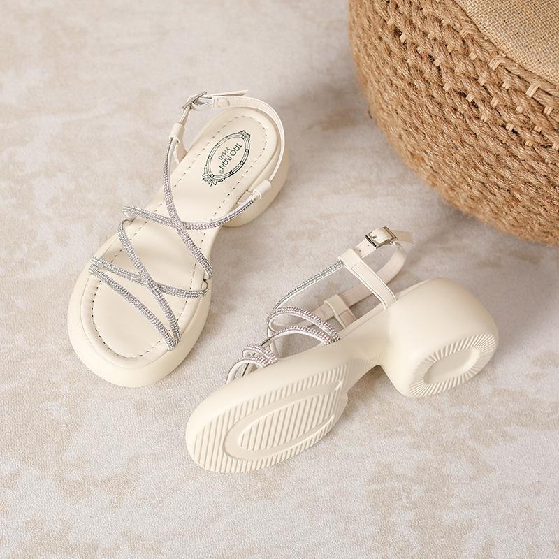 

Fashion sandals women s medium heel new versatile thick heel rhinestone winding temperament high heels 33