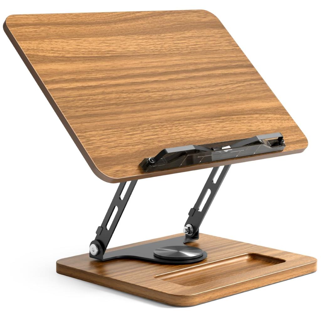 LOE Rotating Tabletop Tablet Hickory Height Compatible with Mobile Monitors 360-Degree Stand, Wood, Foldable, Adjustable, Freestanding, Stable,