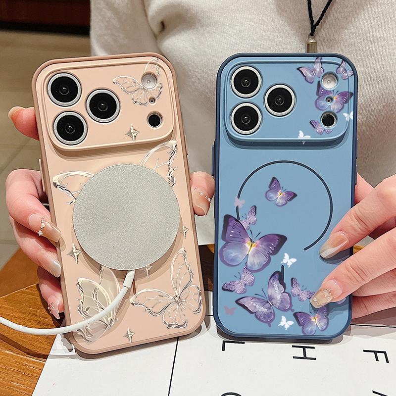 Butterfly Flowers Pattern Case For iPhone 17 Pro Max Magnetic For Magsafe Hybrid Slim Matte Cover For iPhone 16 15 14 13 Pro Max