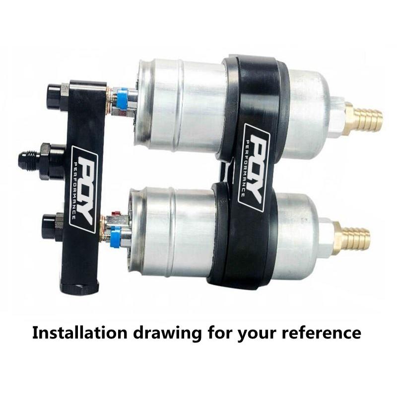 WLR - Twin Fuel Pump Bracket Billet Aluminium Assembly OUTLET Manifold In Black for 044 fuel pump With PQY Logo