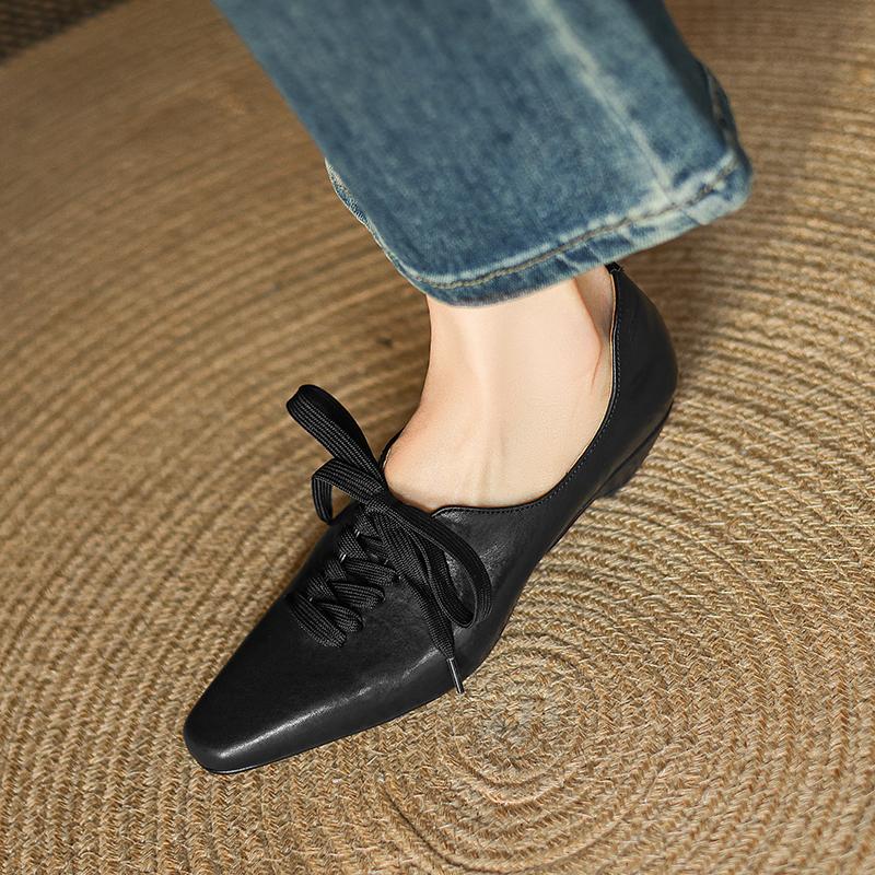Fashion 2025 Spring Women Pumps Square Toe Chunky Heel Women Shoes Casual Lace-up Women Loafers Handmade Ladies Shoes Genuine Leather