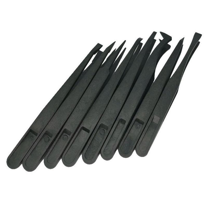 8PCS Flat Tip Anti-static Tweezer 11-12CM Black Flat Tip Plastic Antistatic Tweezers