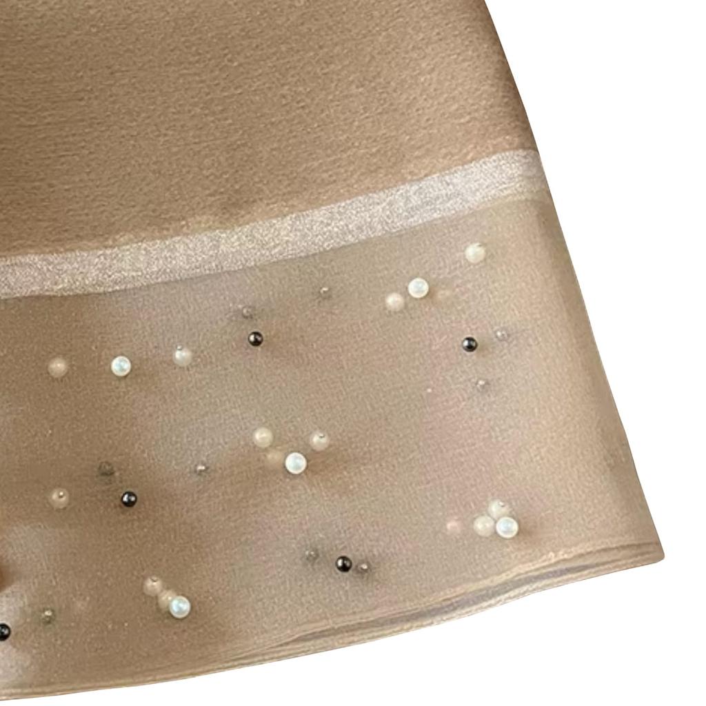 Elegant Beige Scarf with Pearls - Silk and Polyester, 190x75