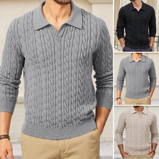 Men Knitted Tops Lapel Long Sleeve Solid Color Sweater Twist Pattern Winter Thick Warm Pullover Tops