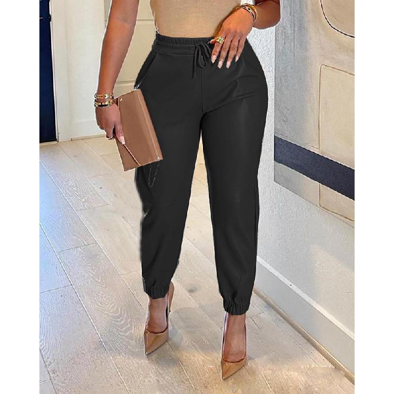 2026 Spring/Summer New Solid Color Drawstring Pocket PU Leather Casual Fashion Jogger Pants for Women