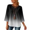 Women's V-Neck Loose Fit Three-Quarter Sleeve Gradient Print T-Shirt Top for Casual Everyday Wear