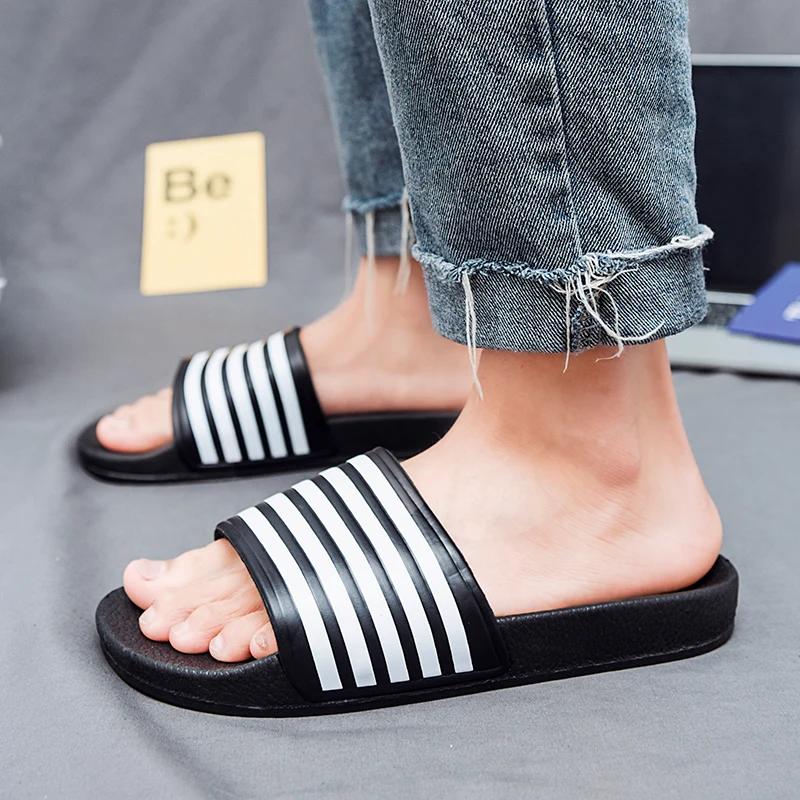 Summer Mens Black and White Striped Flat Slippers Casual Sandal Comfort with Style Shoes