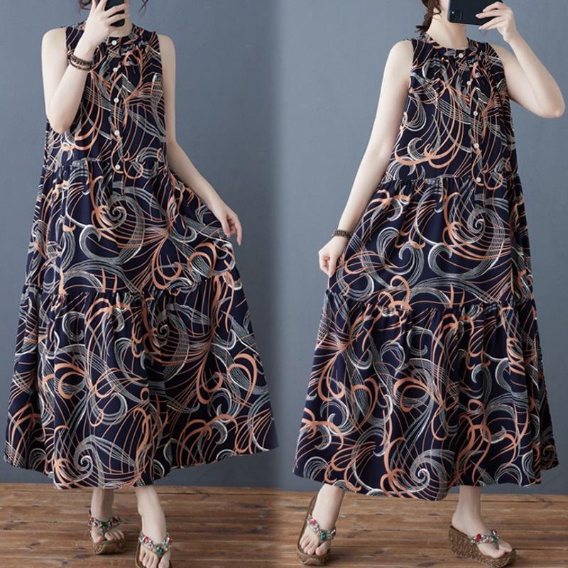 

2025 лето новый универсальный темперамент ретро принт шифон свободное платье миди с воротником-стойкой 2XL