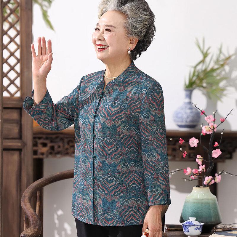 Women's Mid-Aged Long-Sleeve Chinese Style Cardigan Shirt