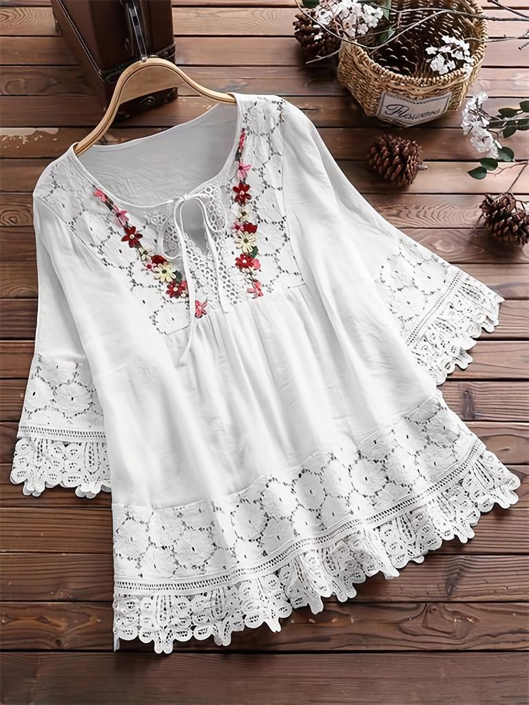 Plus Size Elegant Blouse, Women's Plus Floral Appliques Contrast Guipure Lace Short Sleeve Tie Neck Top