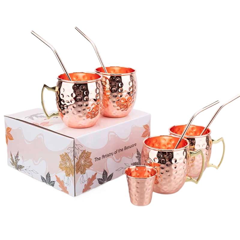 Moscow Mule Mug Set with Straw Copper Plated Hammered 350ml - 304 Stainless Steel Mini Cups with Gift Box for Bar and Home