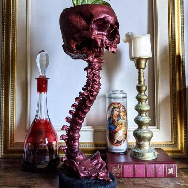 A96I-Resin Skull Planter & Spine Stand Set, Polyresin Skulls Pot, Halloween Decoration Retro Human Skull Head Flower