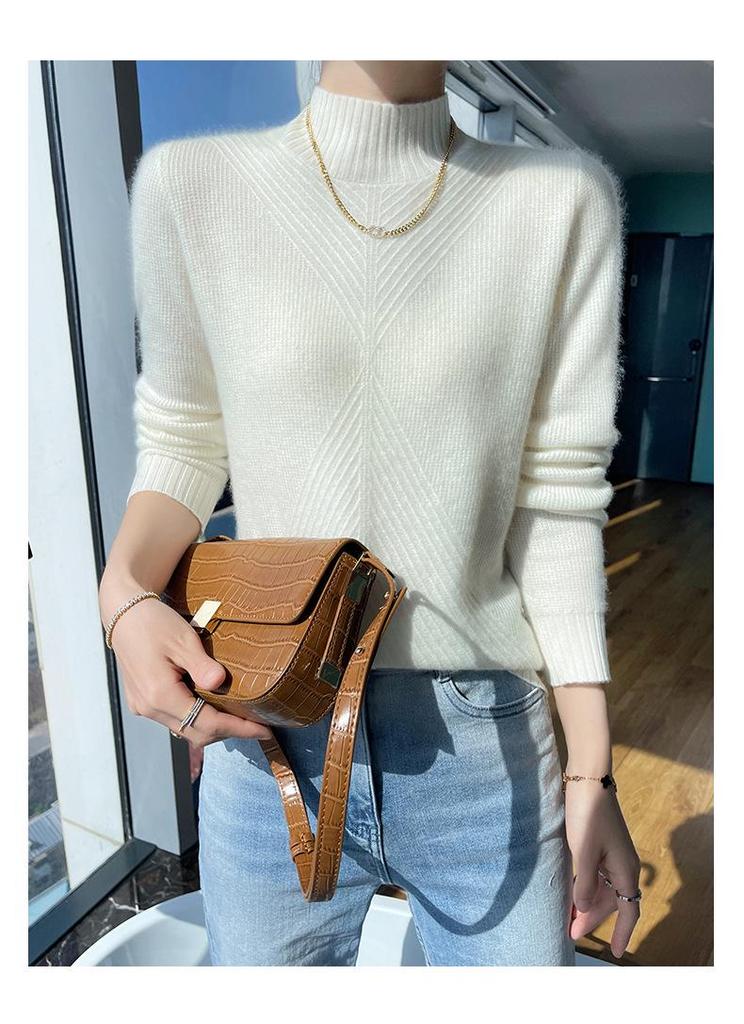 Women's Pure Wool Half-High Neck Sweater - 2023 Autumn/Winter Loose Knitwear Cashmere Base Layer
