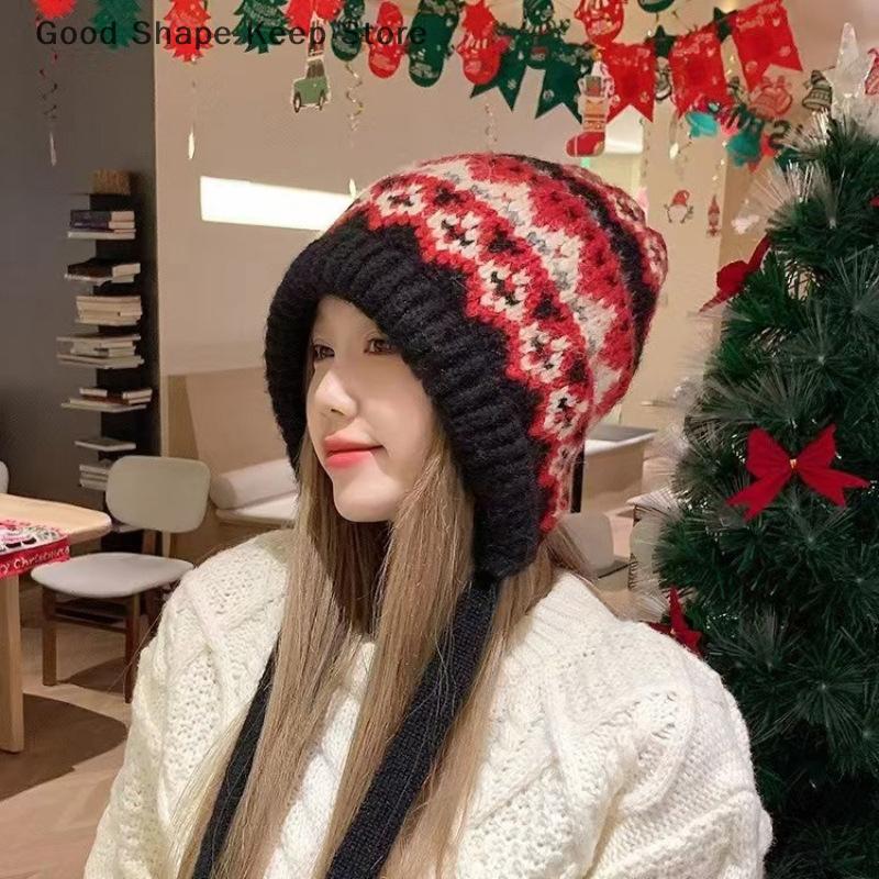 Striped Spliced Knitted Brimless Hat Ethnic Retro Style Woolen Hats Thickened Warm Resistant, Ear Protection Caps, Autumn Winte