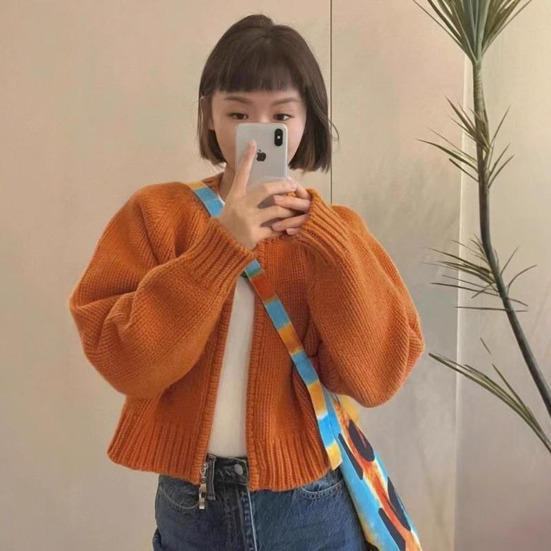 Women Pink Cropped Knit Cardigan Crew Neck Long Sleeve Loose Fit Casual Soft Autumn Winter New Sweater Coat