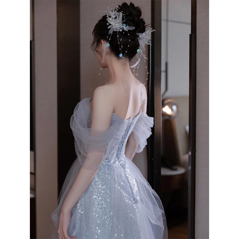 Evening Dress Sense 1011 New Blue Banquet Temperament Light Luxury Vocal Art Test Host Haute Couture Birthday Gauze Skirt