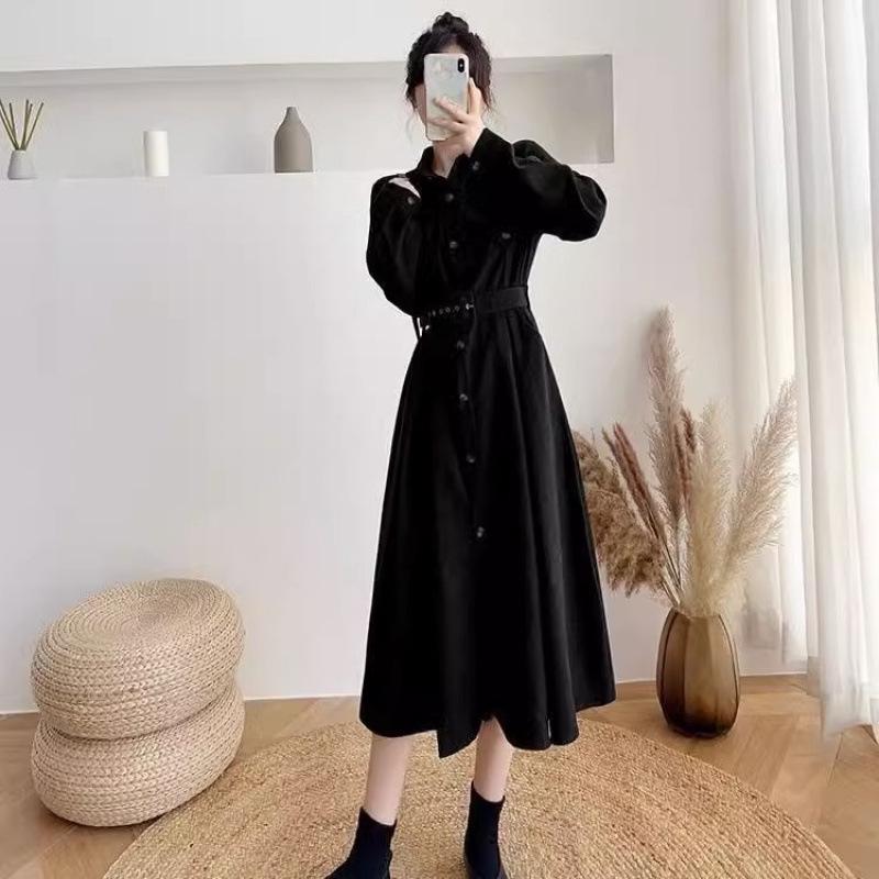 Campanula Print Slimming Over-the-Knee French Shirt Dress with Cinched Waist (Autumn/Winter)