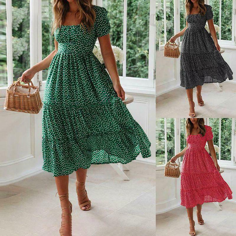 Elegant Women Polka Dot Boho Ruffle Maxi Beach Dress With Square Neckline