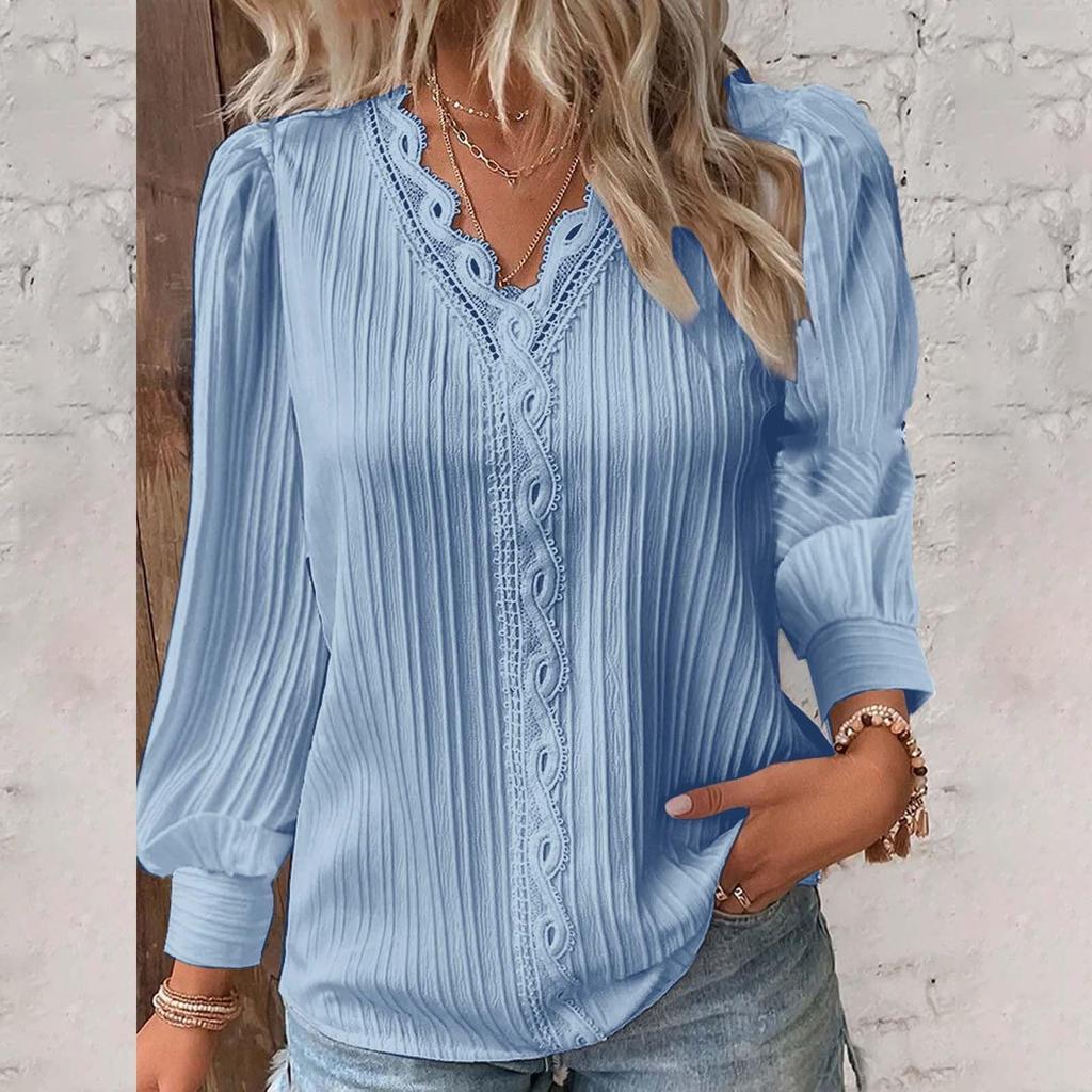 Women's Long-sleeved V-neck Lace Stitching Shirt