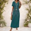 Women Plus Size V Neck Short Sleeve Black Printed Straight Maxi Dress