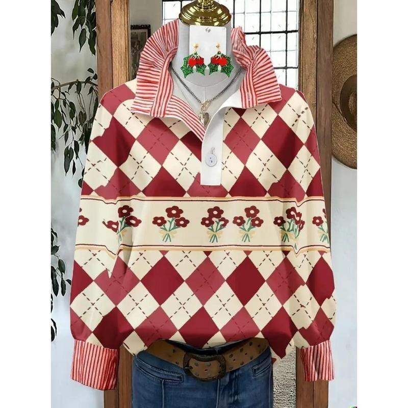 Women's Retro Christmas Pattern Blouse - Turn-Down Collar Long Sleeve, Loose Casual Silhouette, Festive Gift Tree Print Top Suitable for Fall/Winter