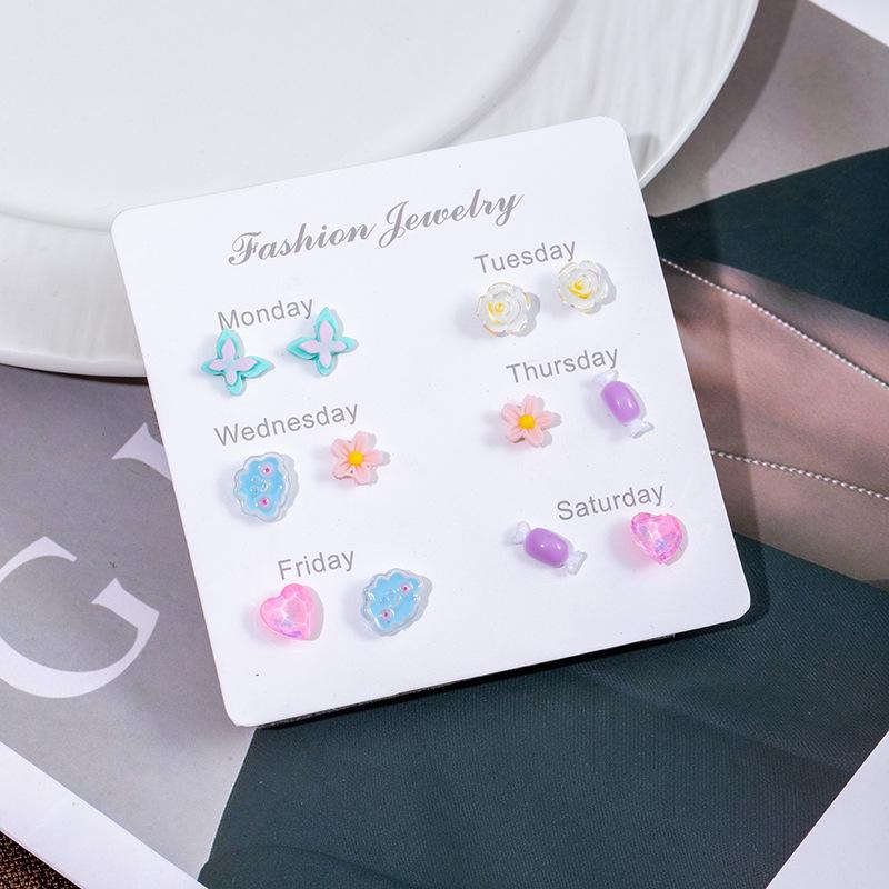 Delicate Small Fresh Week Stud Earrings Set Cute Cartoon Candy Watermelon Butterfly Imitation Silver Needle Small Daily Earrings