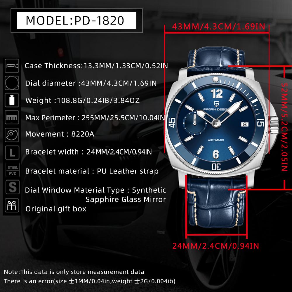 PAGANI DESIGN PD-1820 New Automatic Men's Watch  Stainless Steel Waterproof Diving Mechanical Wrist Watch for Men Sapphire