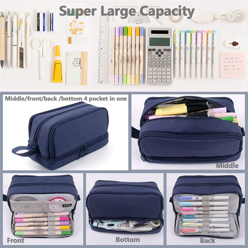 C-Convenient-Large Capacity Pencil Case Pencil Pouch Pen Bag For School Stationery And Travel Navy Blue