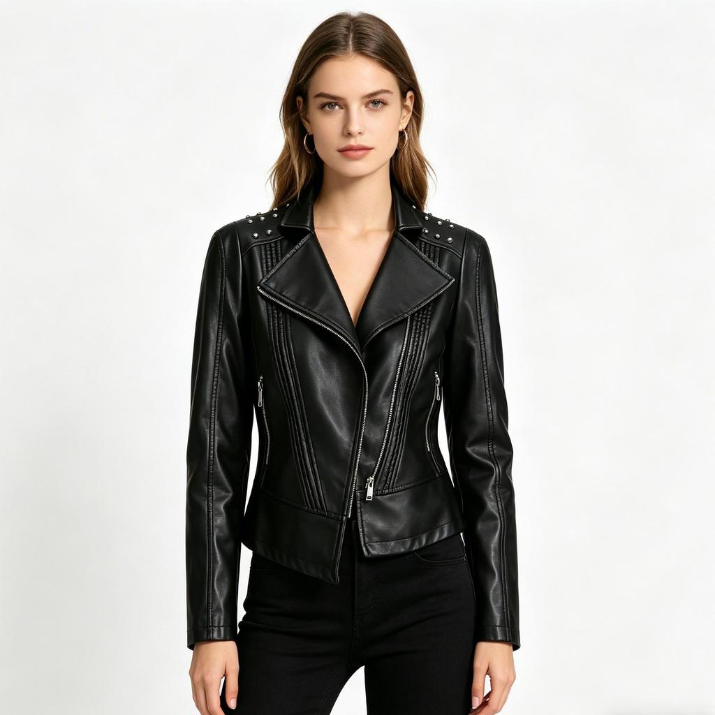 Damen Cool Edgy Nieten Motorrad PU-Lederjacke, Schräger Reißverschluss, Reverskragen, Slim Fit Punk Style Kurze Jacke für Frühling/Herbst