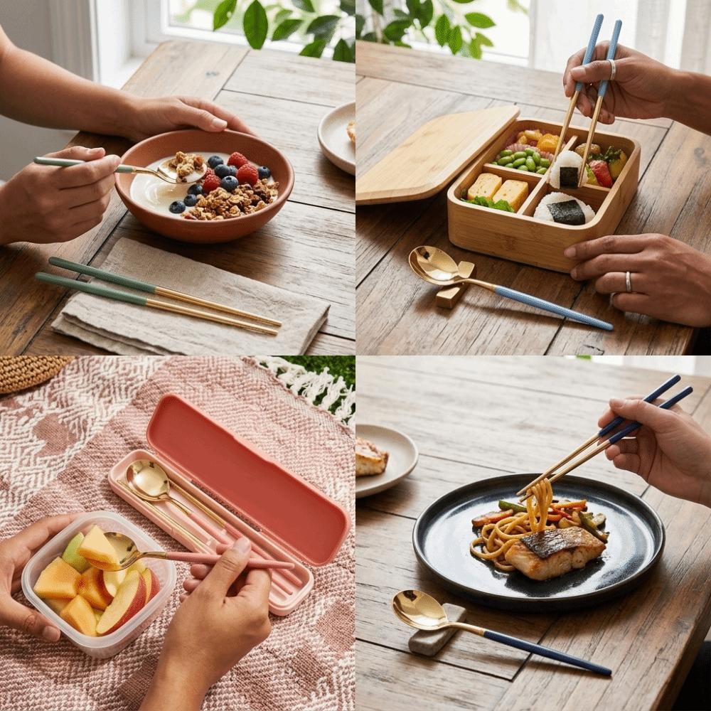 1Set Smooth Spoon Chopstick Kit Rustless Steel Tableware Set Dining  Set  Outdoor Picnic