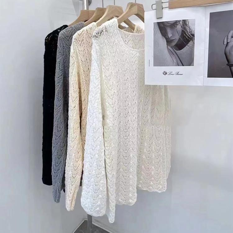 2024 Spring and Autumn New Lazy Wind Loose Long Sleeve Fashion Hollowed-out Slit Knitted Blouse