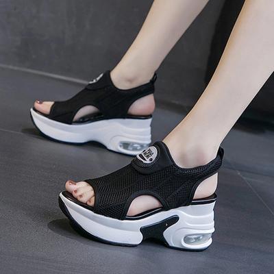 Móda Retro Černá Síťovina Sandály na platformě Korejský Peep Toe Duté klínky Zvýšit boty 8cm Léto Nové Tenisové boty s protiskluzovým vzduchovým polštářem