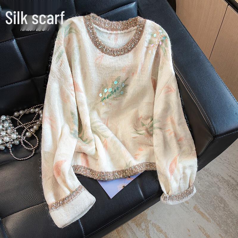 

Women s Retro Wool Blend Round Neck Knitted Sweater One Size