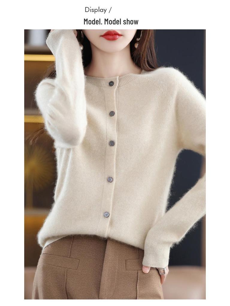 2026 Autumn/Winter Women's Seamless Cashmere Crew Neck Sweater - High-end Pure Wool Knitted Cardigan