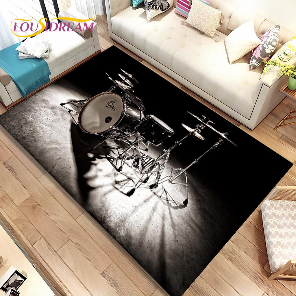 Hudební bicí sada, Koberec s motivem bicích, Koberec do obývacího pokoje, ložnice, k pohovce, Rohožka, Dekorace, Dětská protiskluzová podložka