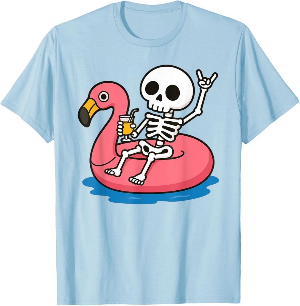 Skelett schwimmt auf Flamingo aufblasbarem Ring Sommerurlaub Grafik T-Shirt Lässiges Kurzarm Rundhals T-Shirt