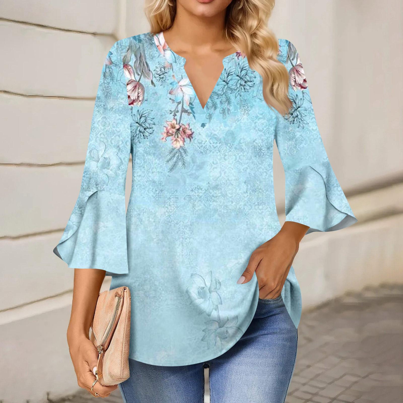 

Женская рабочая рубашка с плиссировкой и рукавом 3/4, рубашка с V-образным вырезом, повседневная рубашка с завязками на талии, деловая рубашка XXXL небесно-голубой