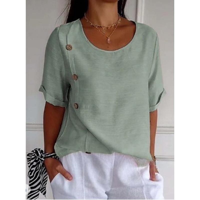 

Summer Round Neck Button Up Blouse Women Loose Cotton and Linen Tops Short Sleeved Shirt Office Fashionable and Versatile Elegant Simple Clothing 5XL