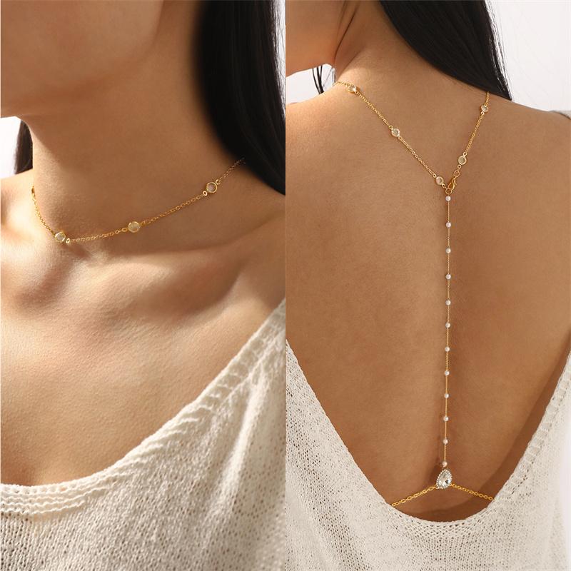 Nuova Collana Lunga con Catena Zircone Cristallo Perla per Donne Elegante Senza Schiena con Frange Gioielli per Matrimonio Festa in Spiaggia