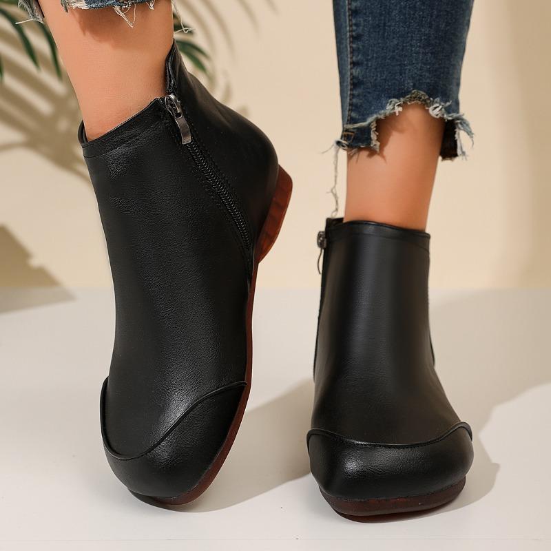 Women's Fashion Boots Round Toe Flat Sole Side Zipper Short Boots Classic Retro Comfortable Soft Sole Plus-size Women Shoes