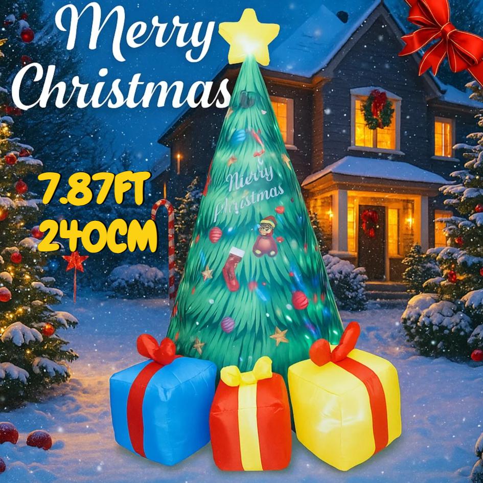 7.87FT Outdoor Inflatable Toy Christmas Tree Gift Boxes With LED Lights Xmas Party Lawn Decorations Yard Supplies Holiday Gifts