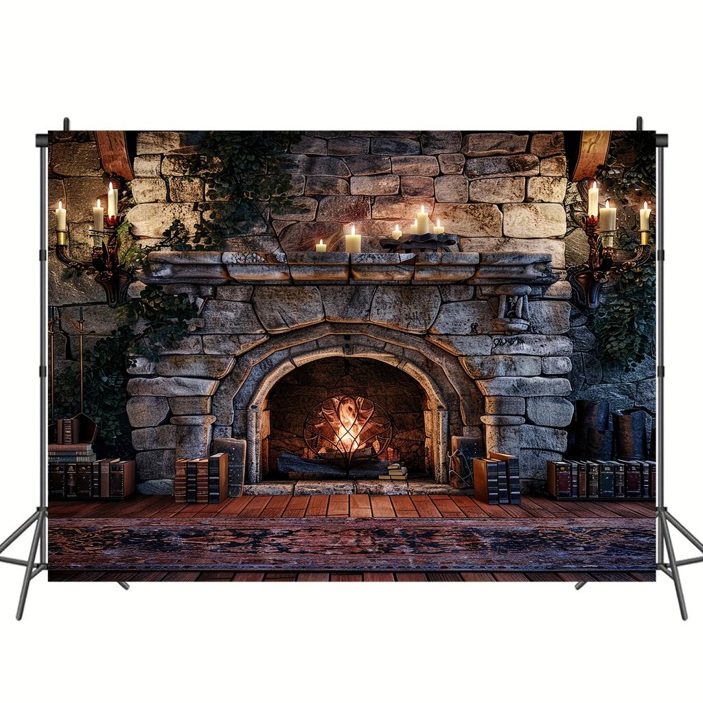 1 mysterious room background - vibrant flames and fireplace photography background with magical books and candle designs