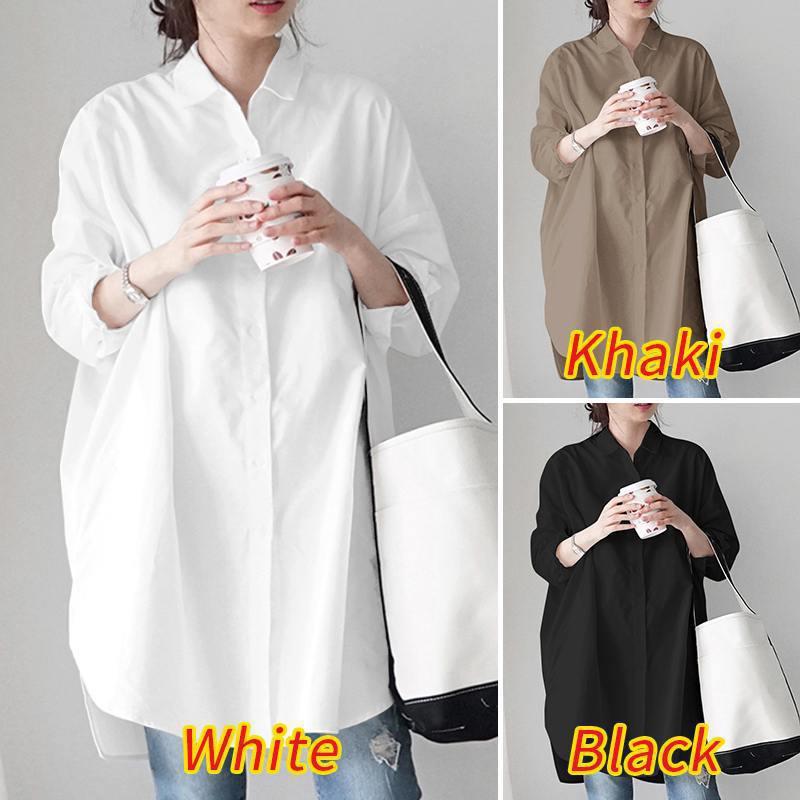 Women's Spring and Autumn Long Sleeve Loose Irregular Shirt Single Row Multi Button Lapel Casual Tops