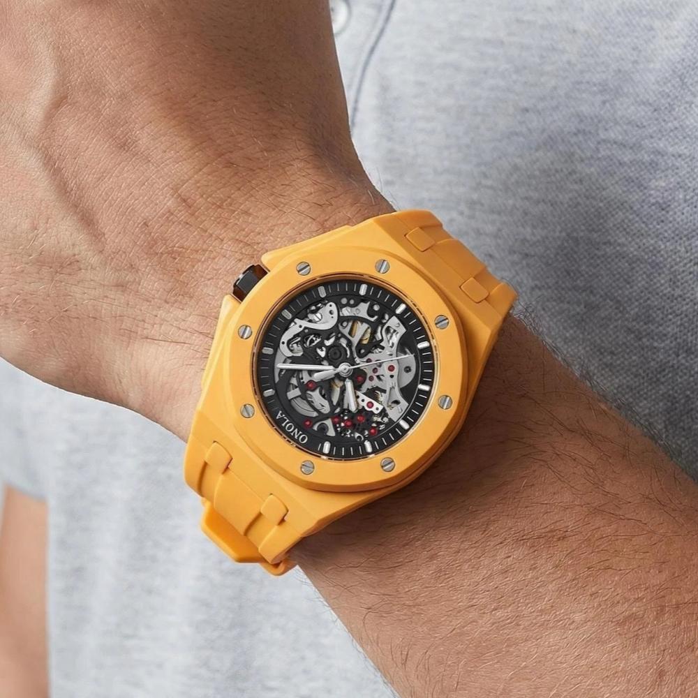ONOLA New 3834CK Fashion Multi-color Hollowed Out Fully Automatic Watch for Men Silicone Strap Waterproof Mechanical Watch