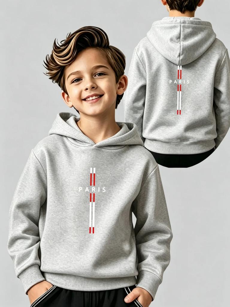 New autumn/winter Christmas boys' hooded sweatshirt, featuring Parisian alphabet prints on the front and back, casual style.