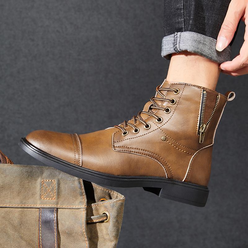 Men’s Motorcycle Boots Winter Black Leather Street Style Ankle Boots with Fur for Men Plus Size High Top