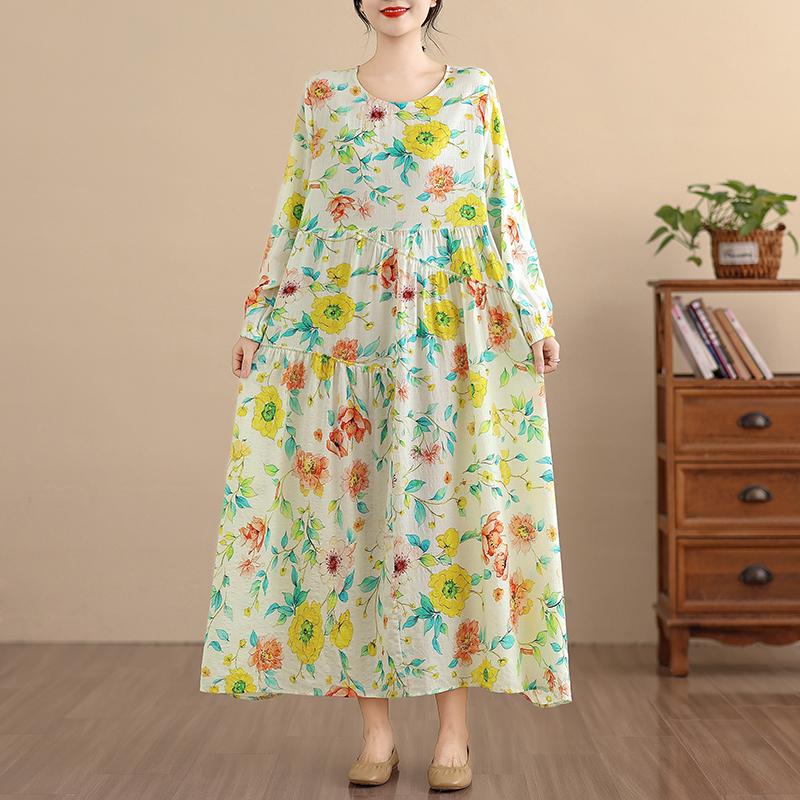 DIMANAF New 2025 Women Plus Size Spring Long Dress Loose Basic Vintage Oversize Long Sleeve Maxi Floral