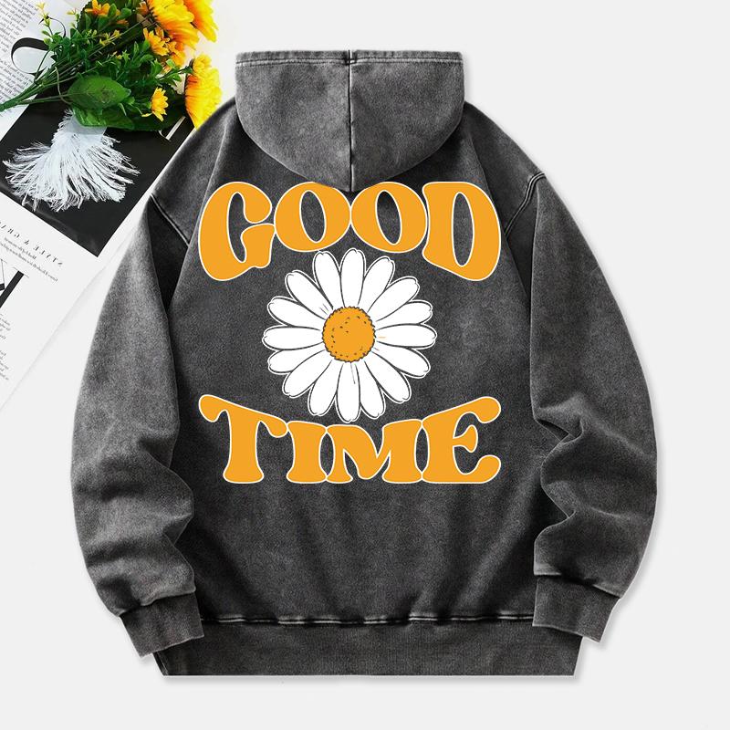 Gute Zeit Gewaschene Hoodies Damen Chrysanthemen-Drucke Baumwoll-Pullover Bequem Tasche Übergroße Kapuzen-Tops