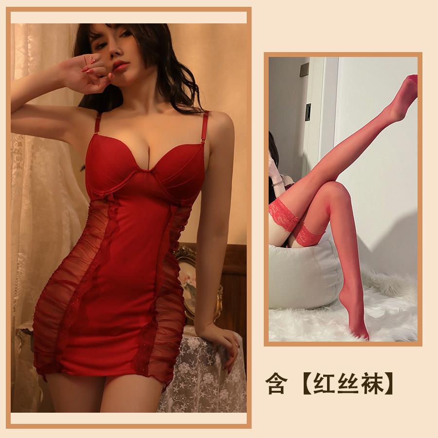 Sex Underwear New Sexy Pleated Mesh Perspective Temptation Hot Suspender Nightdress Hollow Passion Suit