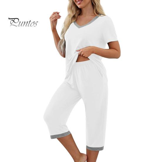 T-shirt Pants Set 2 Pcs/Set Pajamas V Neck Contrast Color Short Sleeve Women Sleepwear Loose Homewear Elastic Waist Cropped Summer Night Clothes
